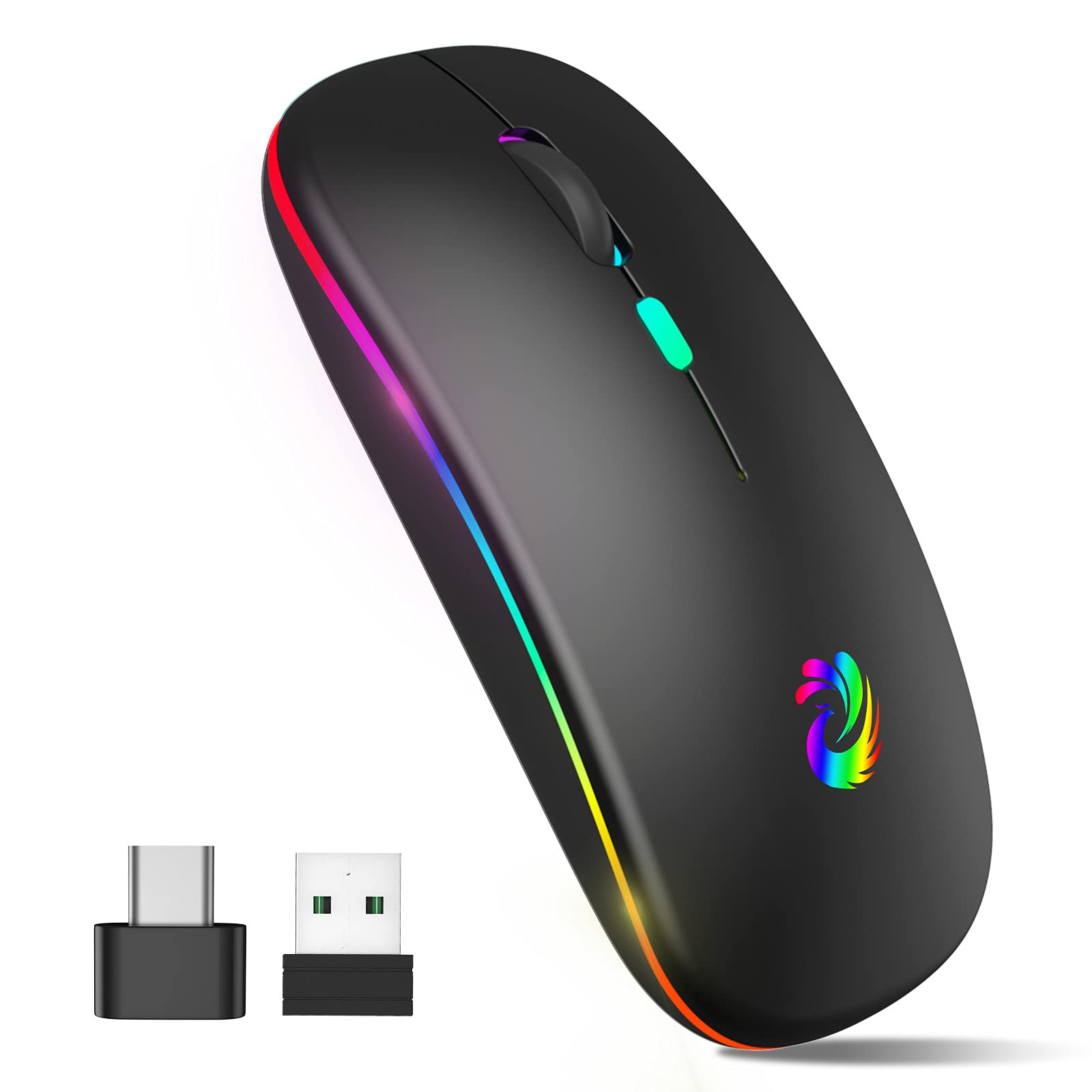 Amzcase Led Wireless Mouse, Rechargeable Slim Silent Mice 2.4G Portable Office Optical Mouse With Usb Receiver And Type C Adapte