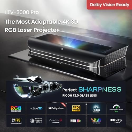 Awol Vision Ltv 3000 Pro 4K 3D Ultra Short Throw Triple Laser Projector, 3000 Peak Lumens With Dolby Vision & Atmos, Hdr10+, 150