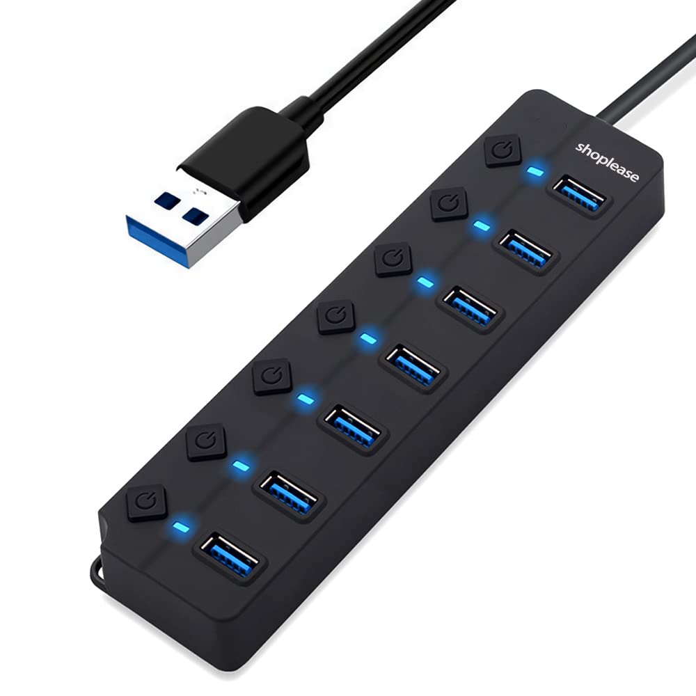 7 Port Usb 3.0 Hub With Individual Power Switches And Led Lights, High Speed Data Hub Splitter Portable Usb Extension Hub For Pc Laptop And More (No Power Adapter)