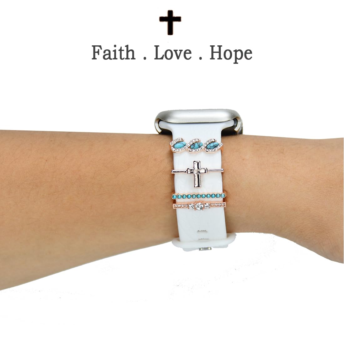 Sunoreek Cross Rose Gold Watch Band Charms For Apple - Turquoise Decorative Rings Loops For Apple Watch Silicone Leather Bands C