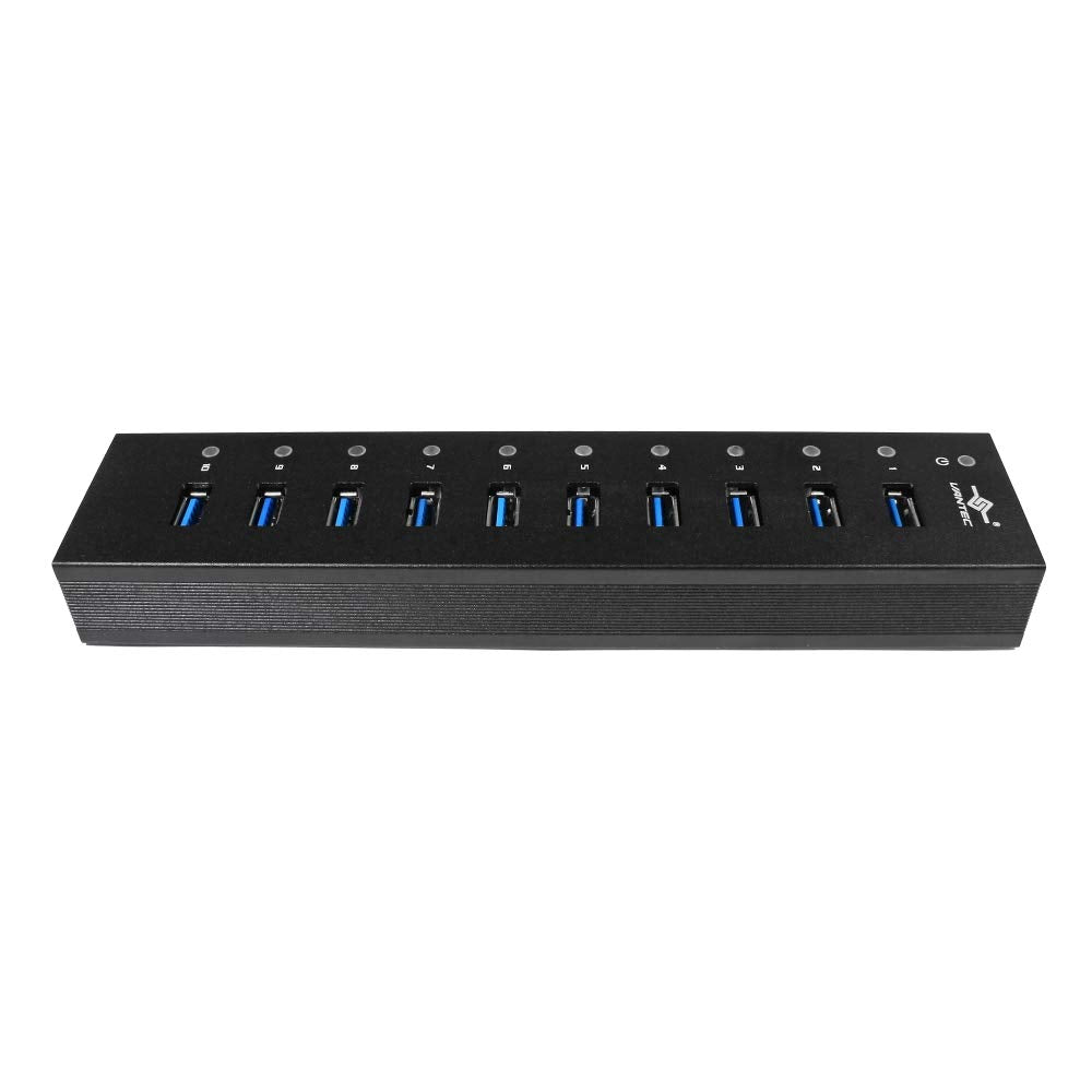 Vantec 10-Port Usb 3.0 Hub, Aluminum, Full Powered, Mountable, With All Ports Data & Charging Up To 1.5A, Bc 1.2, Premium 12V/5A