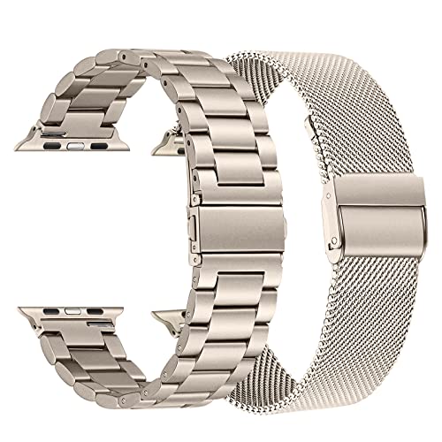 Trumirr Band Sets For Apple Watch Series 9 8 7 41Mm Starlight Women, 2 Pack Solid Stainless Steel Watchband + Mesh Strap For Iwa