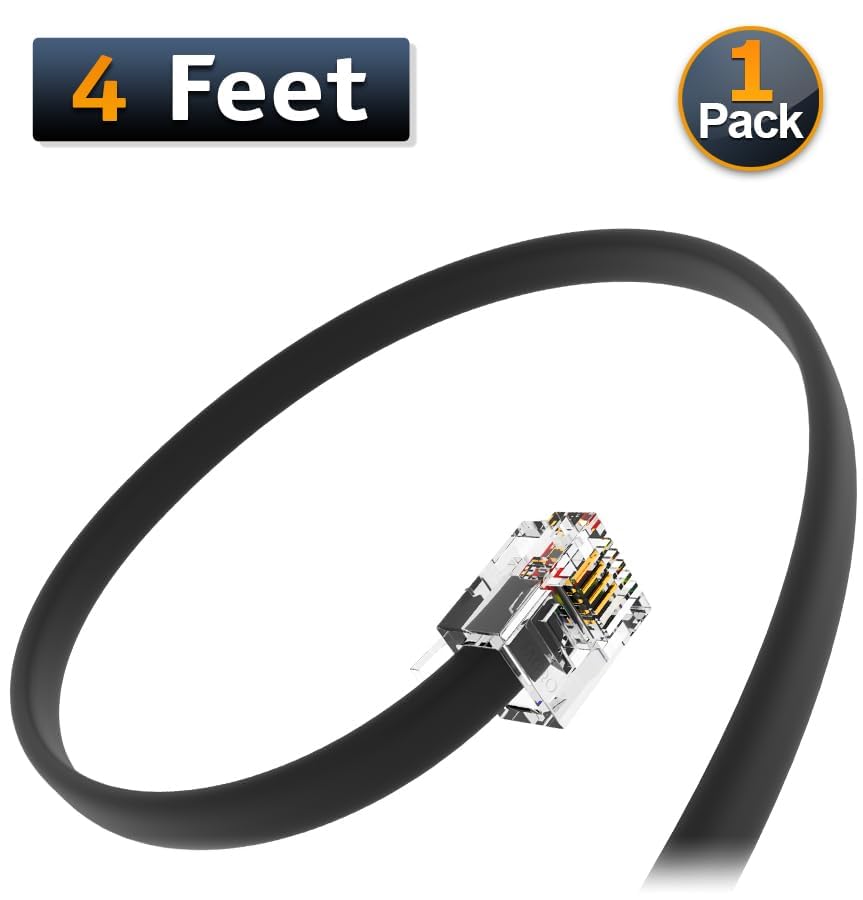 Amzpro (1 Pack) 4 Feet Black Telephone Cable 6P4C Rj11 Male To Male, Made In Usa Pro Grade Phone Line Cord