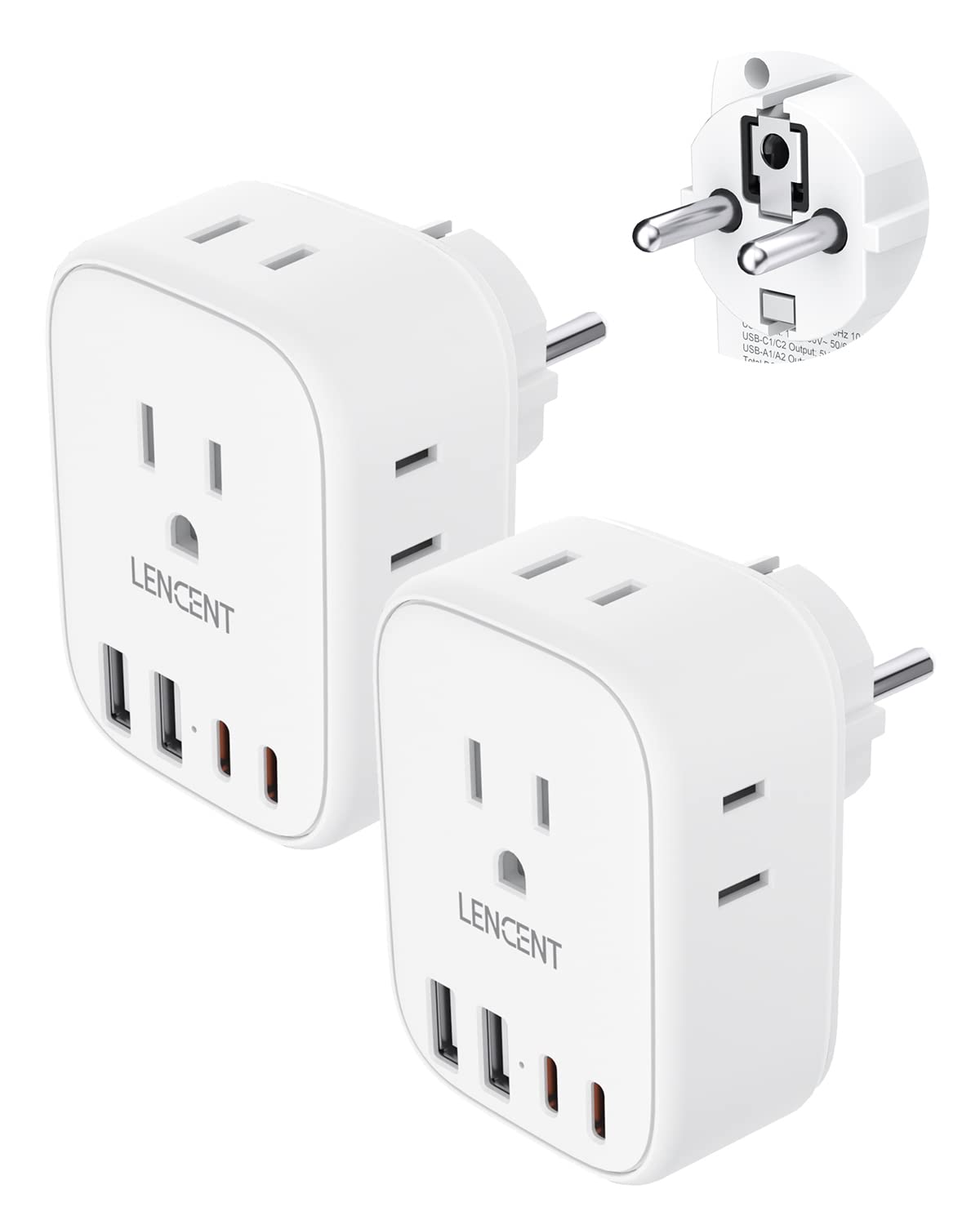 Lencent 2 Pack Germany France Travel Power Adapter, Schuko Type E/F Power Plug Adaptor With 4 Usb Ports(2 Type C),4 Outlet Conve