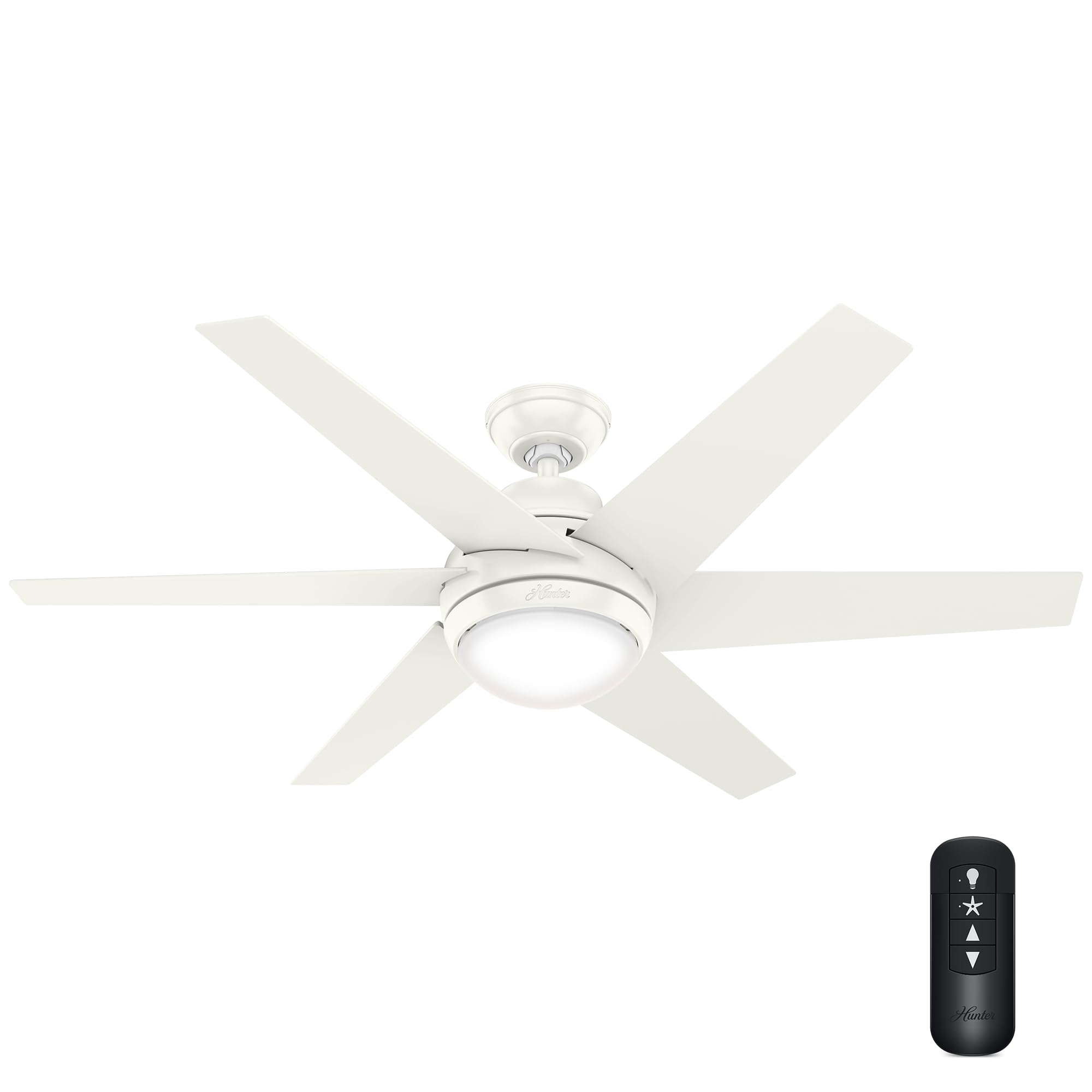Hunter 52 inch Indoor Ceiling Fan with LED Light and Remote Control - Modern White Ceiling Fan, Standard Mount, 6 Blades, For Be