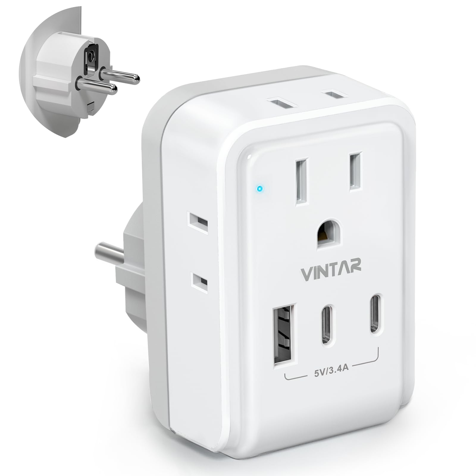 Type E F Travel Plug Adapter, Vintar Germany France Plug Adapter With 4 Outlets 3 Usb Ports (2Usb C), Schuko Power Adaptor For U