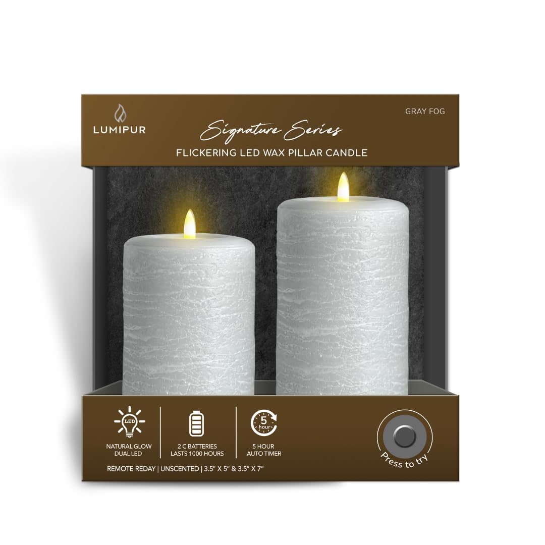 Lumipur Signature Natural Glow Flameless Wax Pillar 2 Pack Led Candle 3.5'' X 5'' And 3.5'' X 7'' Gray Fog