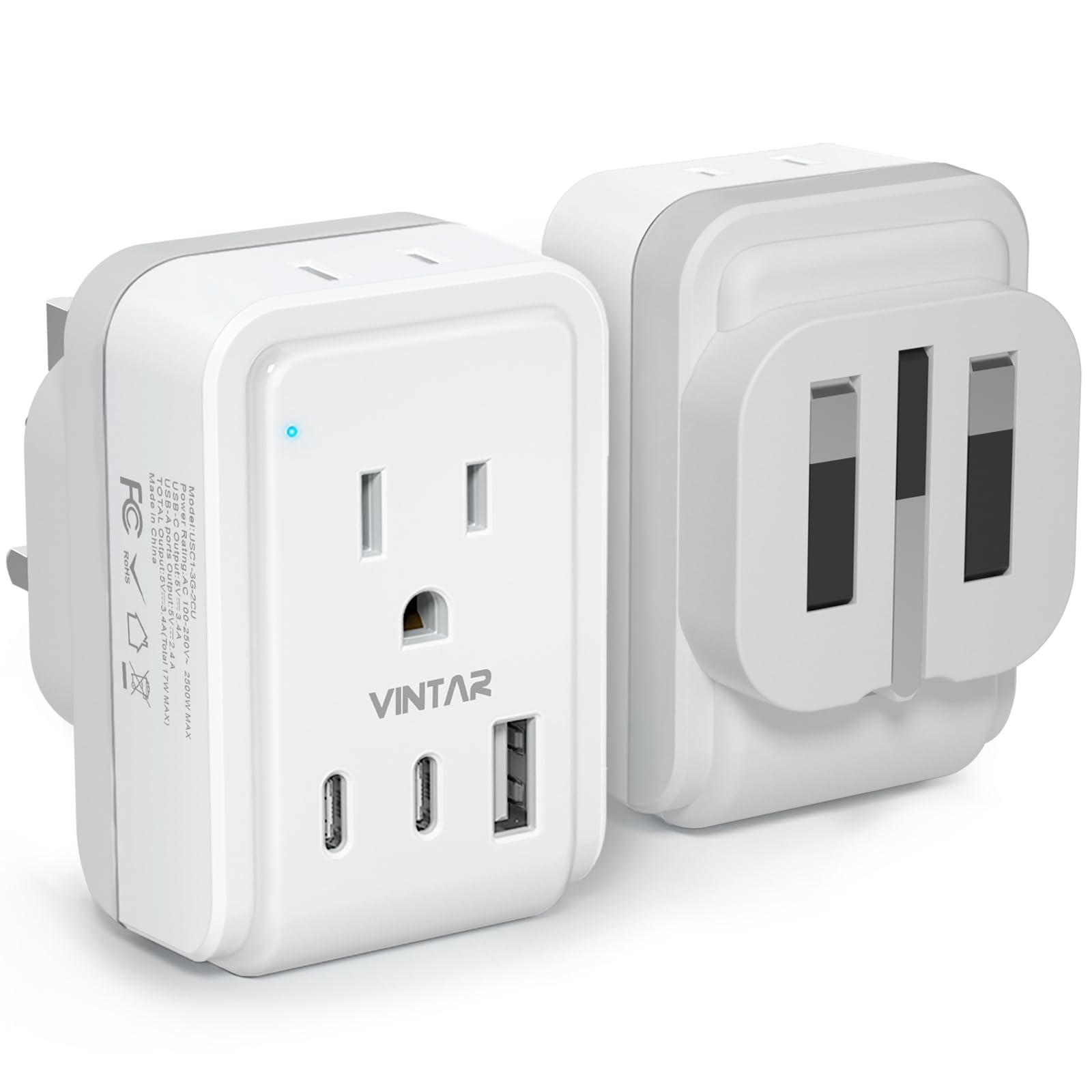 1 Pack Uk Adapters For Travel, Vintar Foldable Ireland Plug Adapter, Type G Pulg Adapter With 2 Outlets And 3 Usb Ports(2 Usb C)