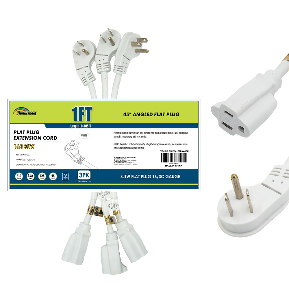 Honderson 3 Pack Flat Plug Indoor Extension Cord, Ul Listed, 16 Gauge 1Ft White 3 Prong Heavy Duty Extension Cord, 16/3 Sjtw 13A
