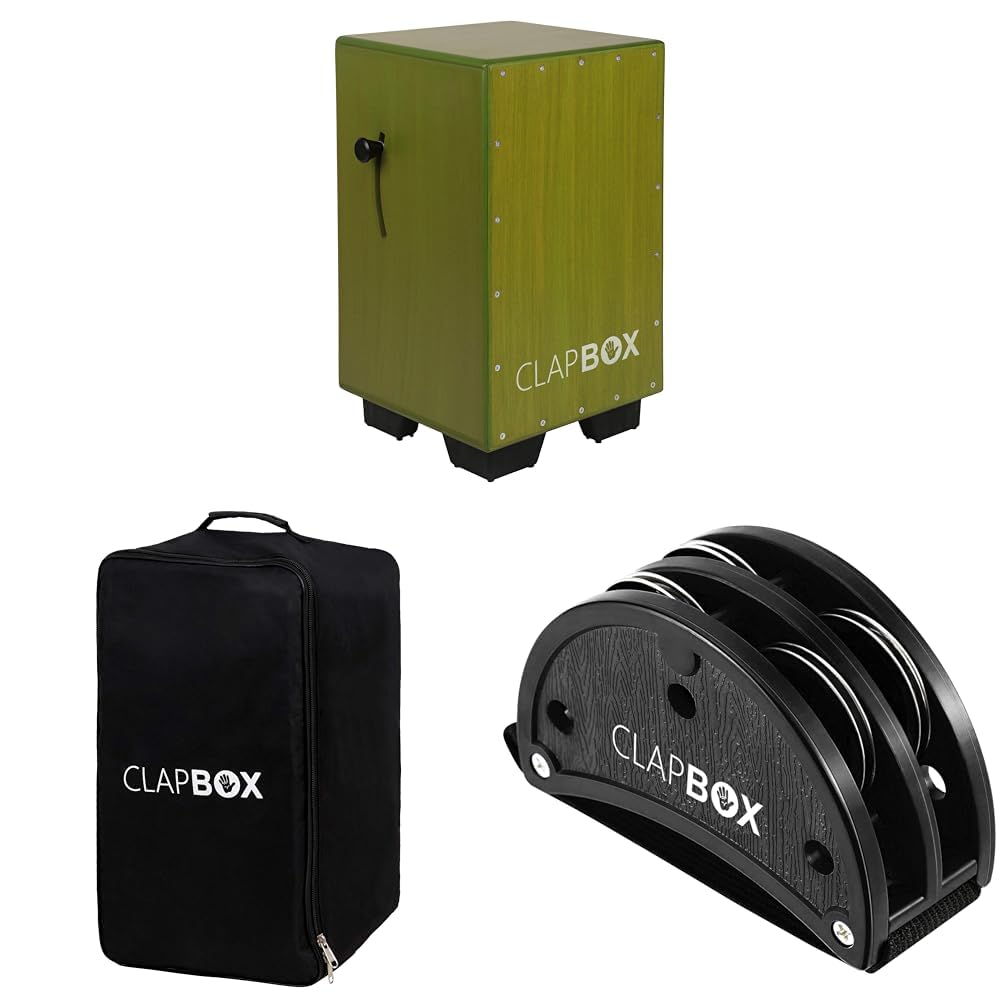 Clapbox Adjustable Snare Cajon in Olive Green with Cajon Bag and Foot Tambourine (Black).