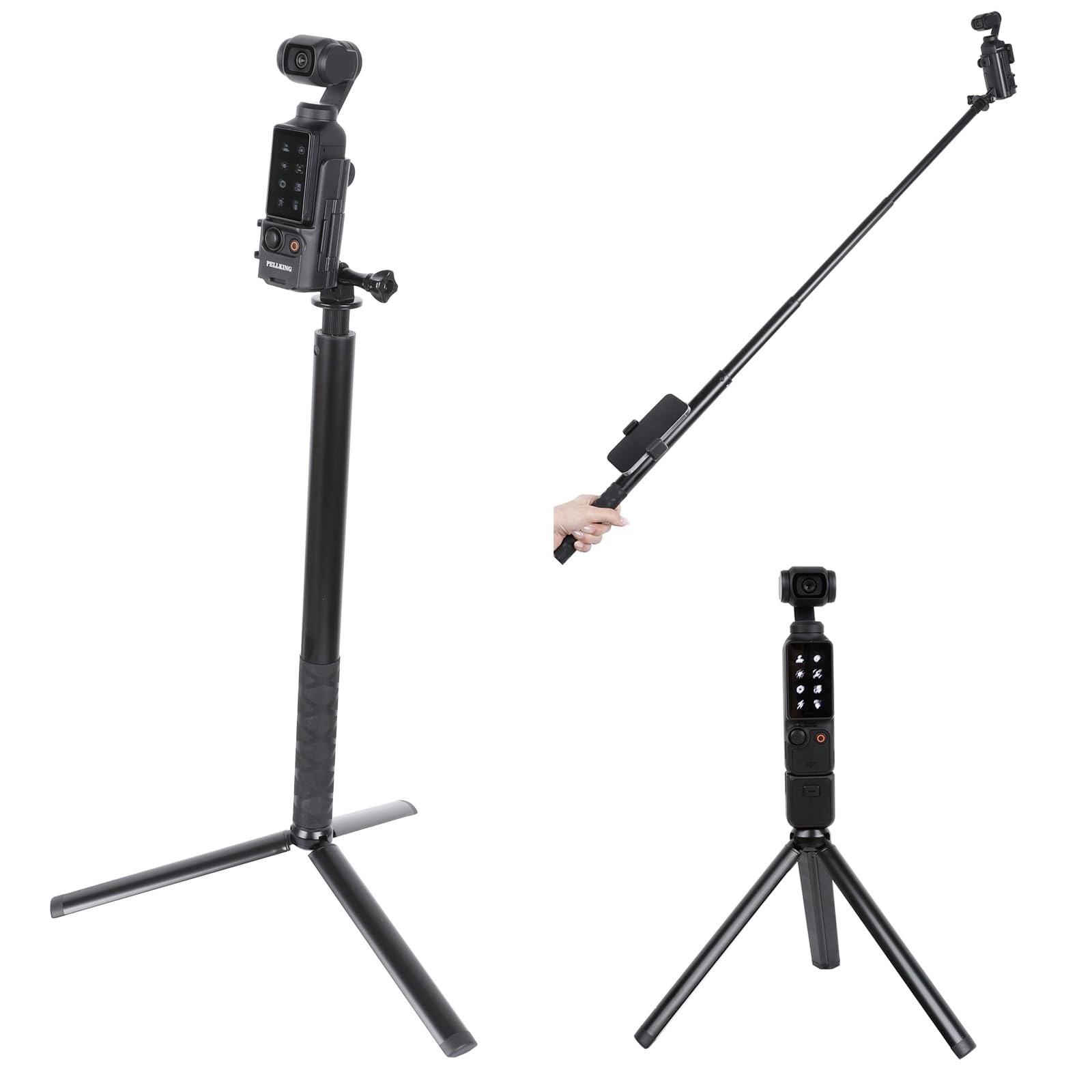 PellKing Monopod for Osmo Pocket 3,61/155cm Selfie Stick+Aluminium Alloy Tripod+Protective Cage Extension Adapter Frame