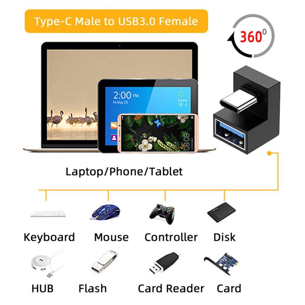 Xiwai 180 Degree Up & Down Angled Type C Usb C Otg To Usb 3.0 Female Extension Adapter For Cell Phone & Tablet