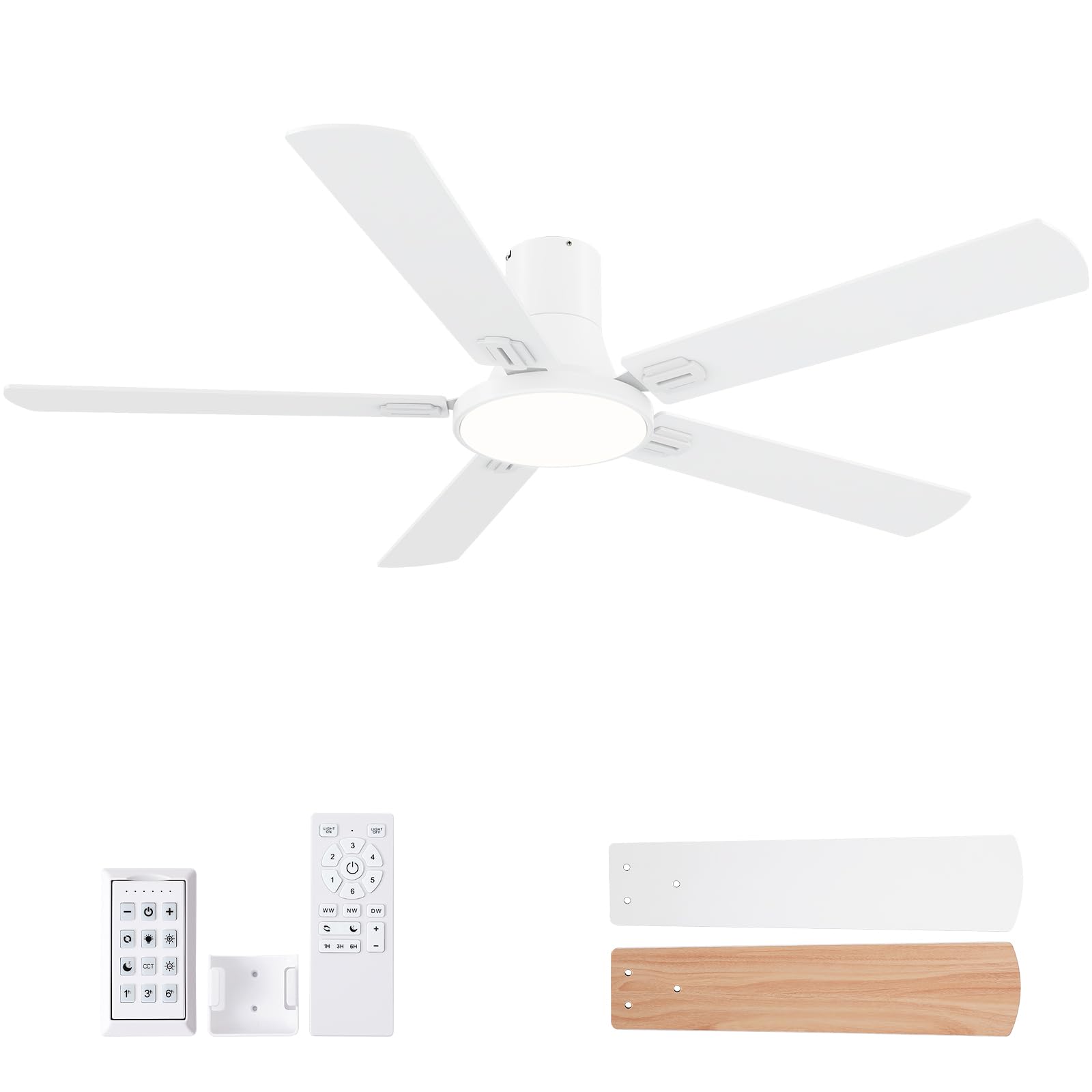 SNJ 60 Inch White Ceiling Fans with Lights and Remote,Flush Mount Low Profile 5 Blades Ceiling Fan,Dimmable Quiet Reversible DC 