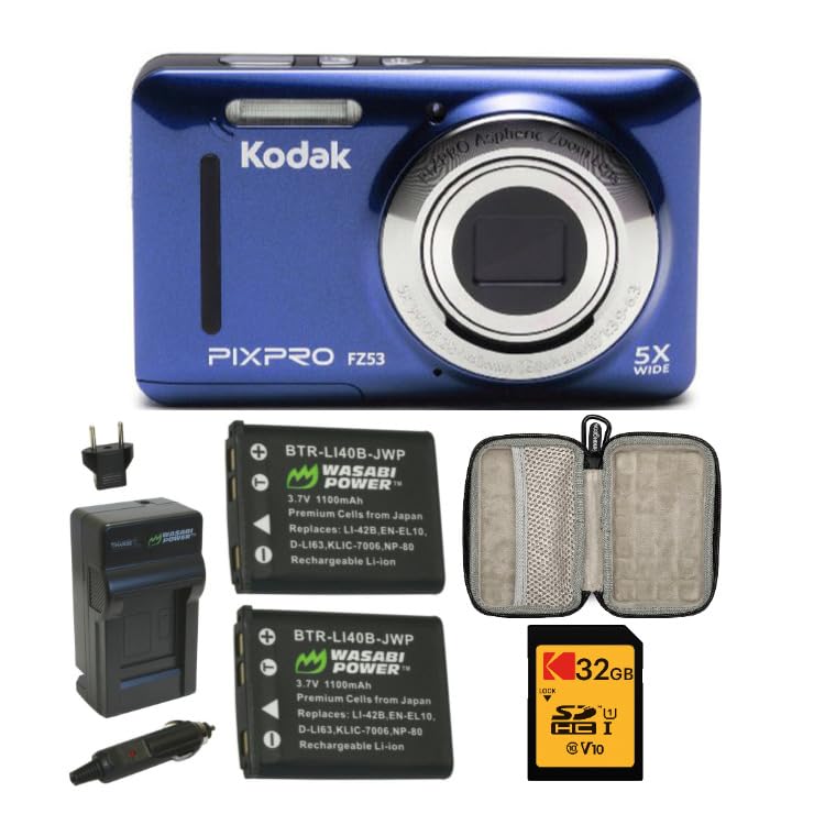 Kodak PIXPRO Friendly Zoom FZ55 Digital Camera (Blue) Bundle with Camera Case, 32GB Memory Card, and Battery (2-Pack) with Charg