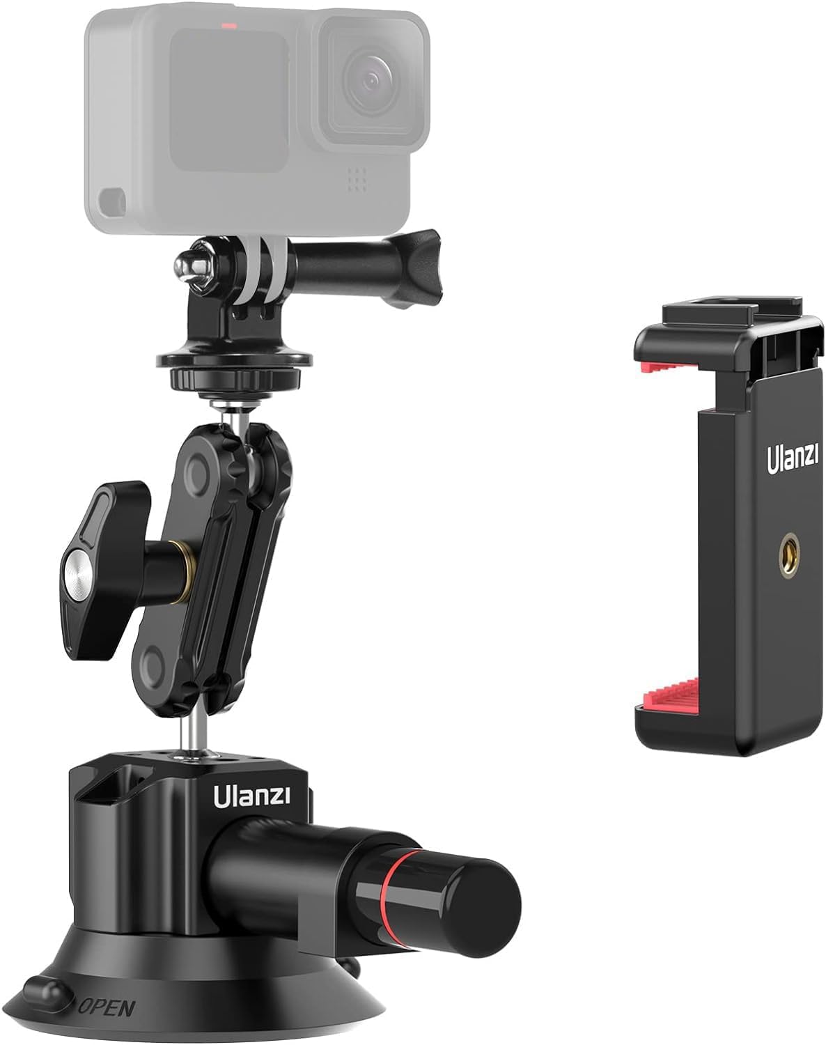 UURig SC-01 Suction Mount 3 for Vlogging Action Camera Car Mount w Smartphone Clamp for iPhone 14 13 Pro Max, 1/4 Magic Arm Adap