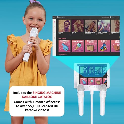 Singing Machine Portable Karaoke System - 150W Bluetooth Speaker with 2 Wireless Microphones, LED Lights, White, Model ISM2040