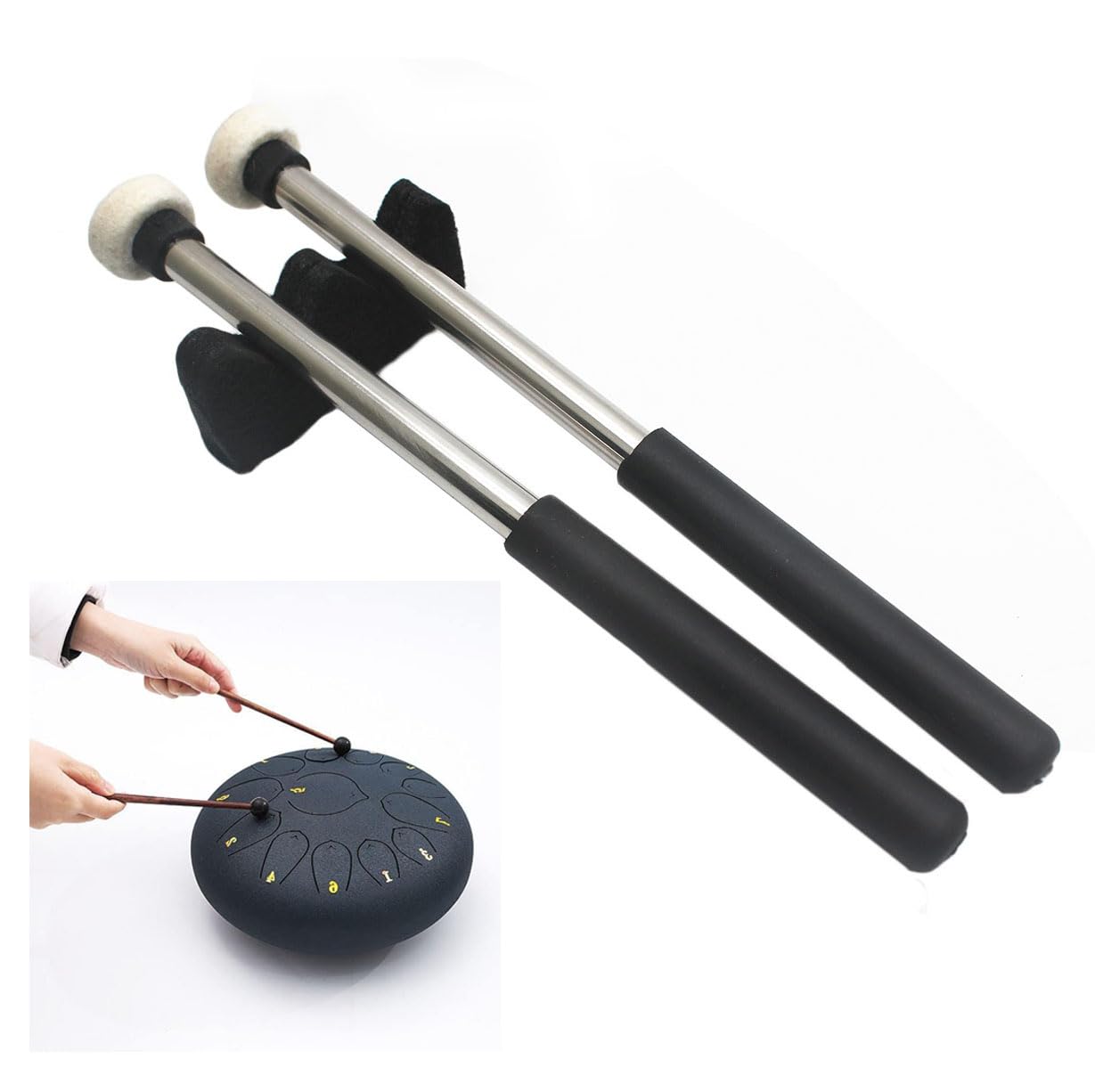 Tuoren 3Pair Steel Tongue Drum Mallet Hand Pan Sticks Percussion Instrument Accessories With Bracket, Velvet Storage Bag
