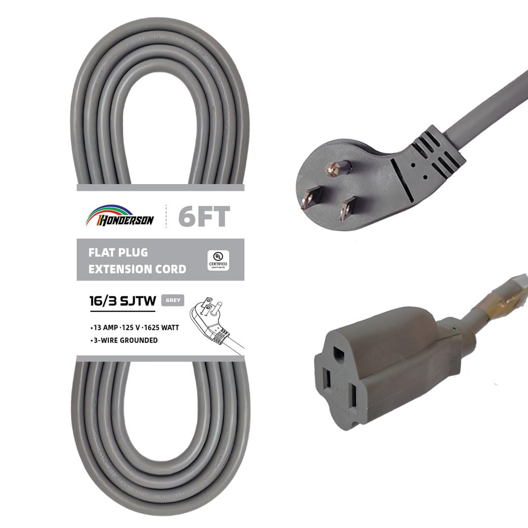 Honderson Flat Plug Indoor Extension Cord, Ul Listed, 16 Gauge 6Ft Grey 3 Prong Heavy Duty Extension Cord, 16/3 Sjtw 13A Power E