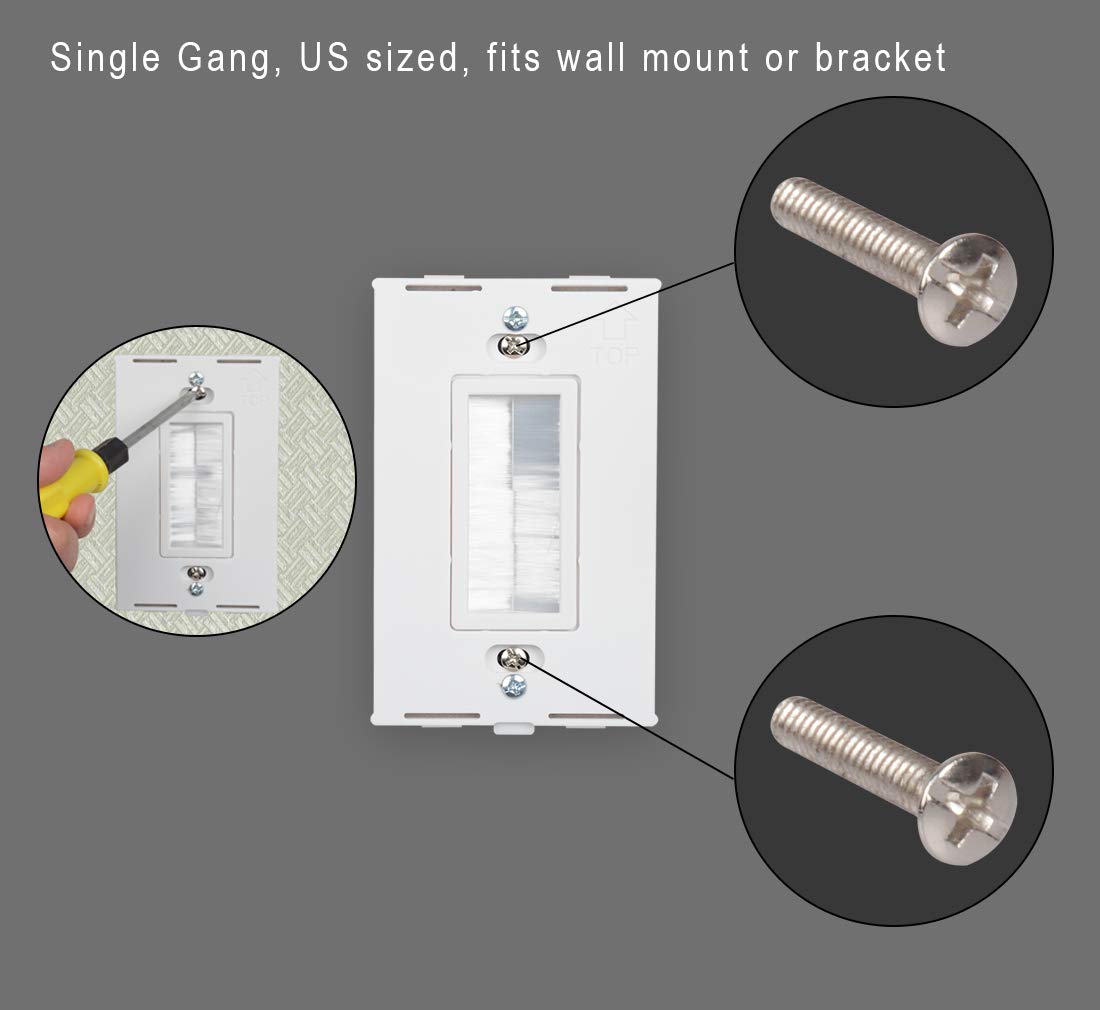 Kebulldola Brush Wall Plate White (2 Pack), 1 Gang Cable Wall Plate, Screwless Type For Cable And Wires Pass Through