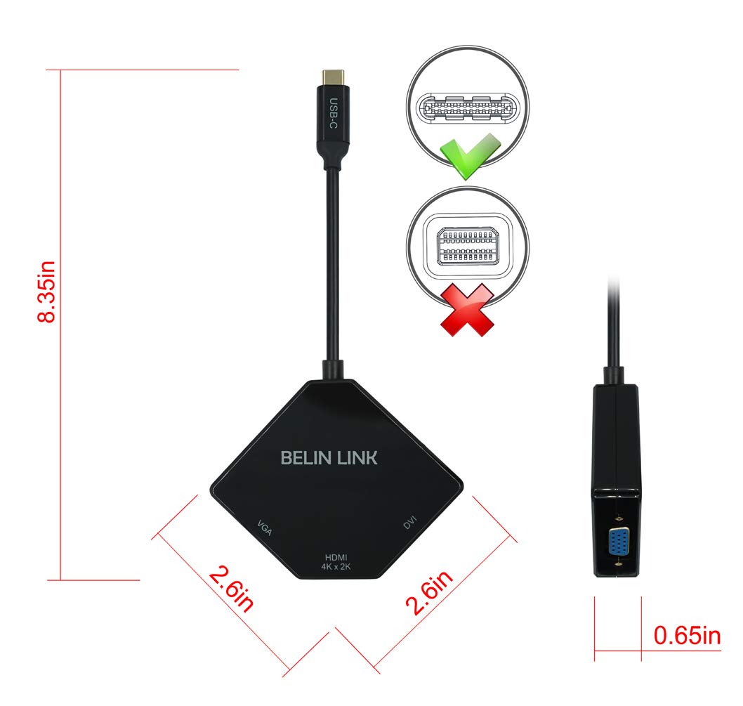 BELIN LINK USB C to HDMI DVI VGA Adapter Thunderbolt 3 Compatible 4K Rhombus Black