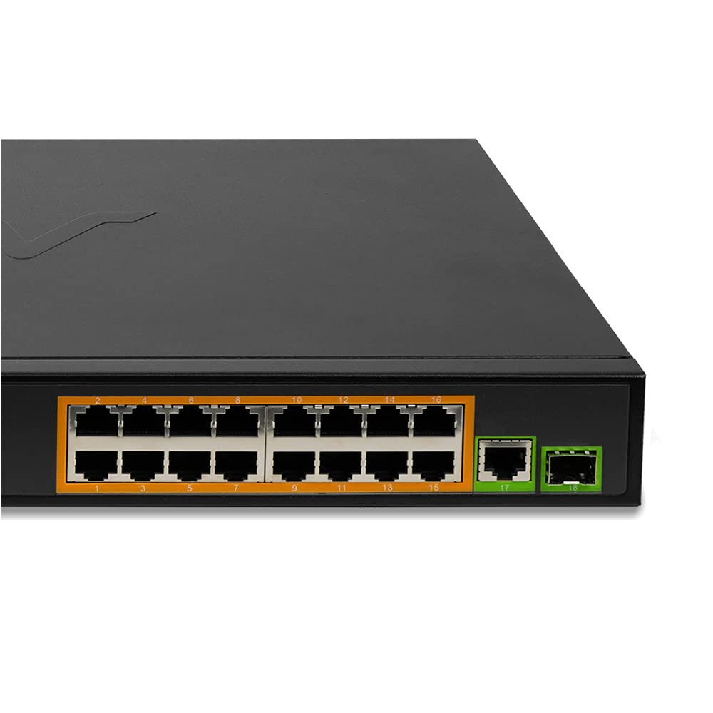 Bv Tech 16 Ports Poe+ Switch (16 Gigabit Ethernet Ports | 1 Ethernet +1 Sfp Uplink)  230W   Fanless Desktop Design, Sturdy Metal