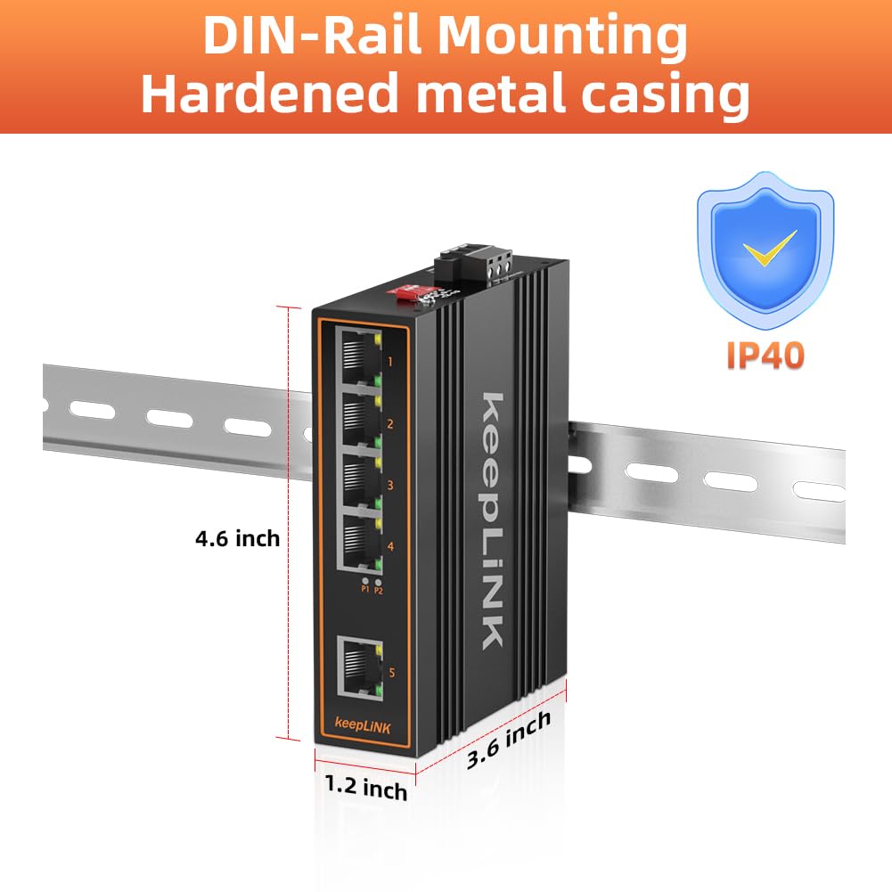 Keeplink 5 Port Gigabit Industrial Poe Switch Unmanaged, 125W Ethernet Din Rail Switch, Ip40 Operating Temperature Range Of  30