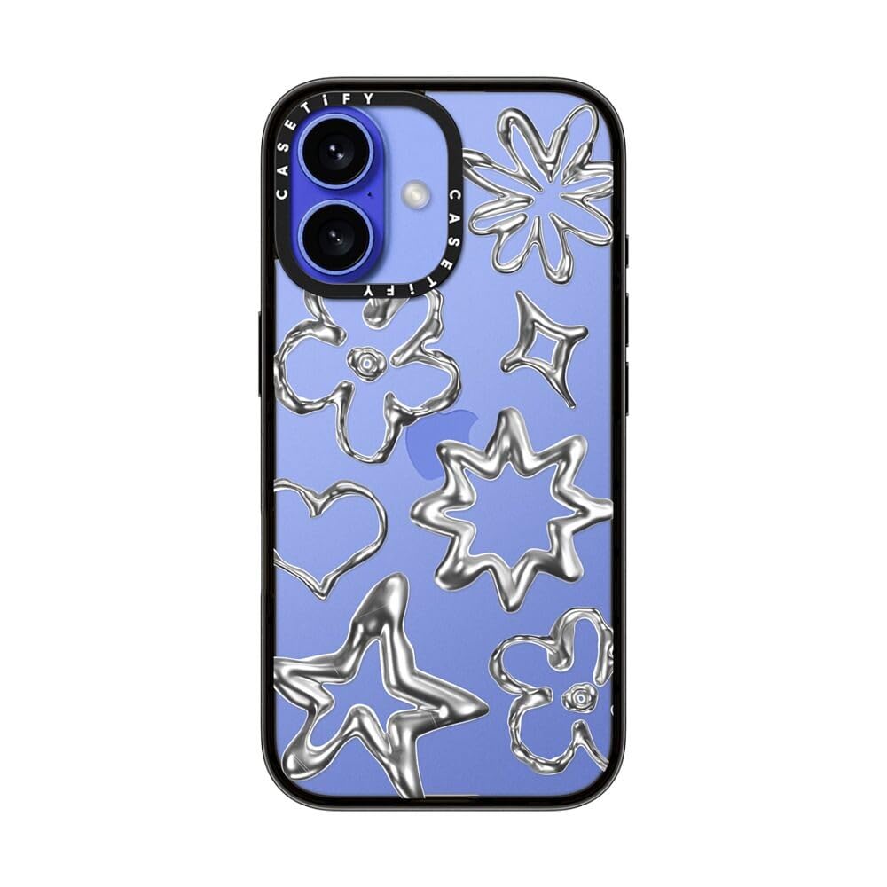Casetify Compact Case For Iphone 16 [Lightweight / 4 Ft. 2X Military Grade Drop Protection/Slim]   Chrome Doodles   Clear Black