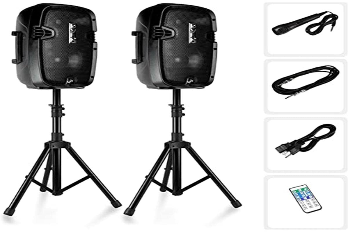 Pyle Powered Pa Speaker System Active & Passive Bluetooth Loudspeakers Kit With 8 Inch Speakers, Wired Microphone, Mp3/Usb/Sd/Au