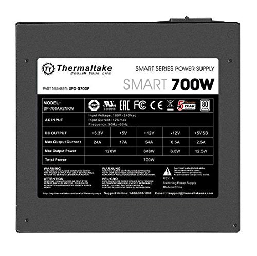 Thermaltake Smart 700W 80+ White Certified Psu, Continuous Power With 120Mm Ultra Quiet Fan, Atx 12V V2.3/Eps 12V Active Pfc Pow