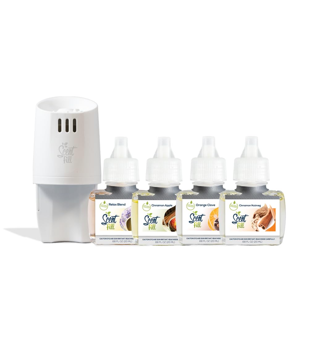 Scent Fill Fall Plug In Air Freshener Kit (Relax Blend, Cinnamon Apple, Orange Clove, Sweet & Spicy Cinnamon Nutmeg), 4 Refills