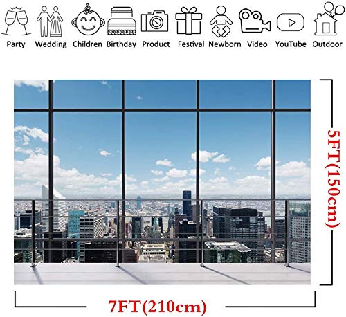 Lywygg 7X5Ft Office Room Backdrop City Vinyl Backdrops Business Street View Skyscraper French Sash Blue Sky White Cloud Sunshine