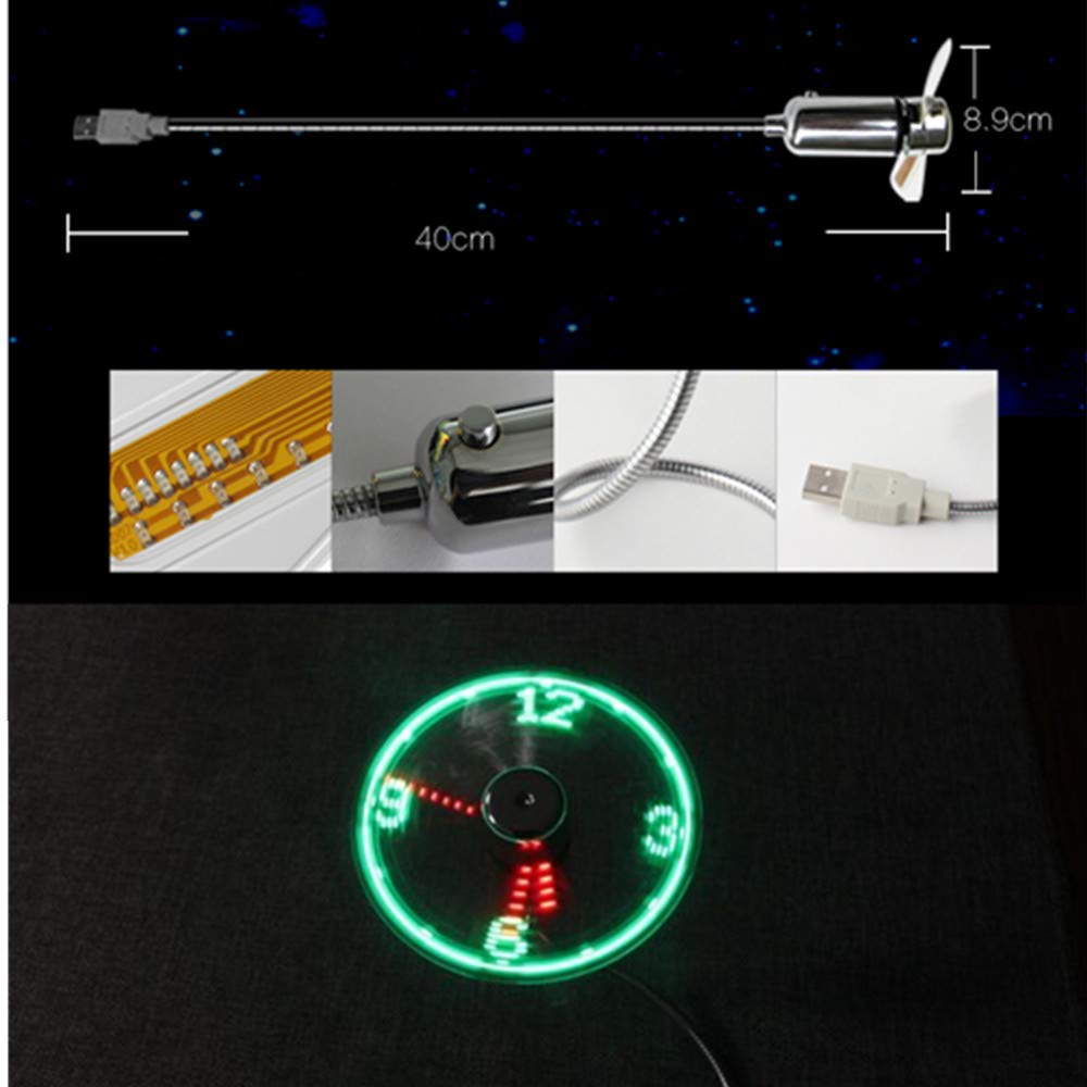 Usb Led Clock Fan 90Mm Usb Powered Portable Mobile Usb Fan With Clock, Led Light Display Time, Mini Gooseneck Fan For Laptop Off