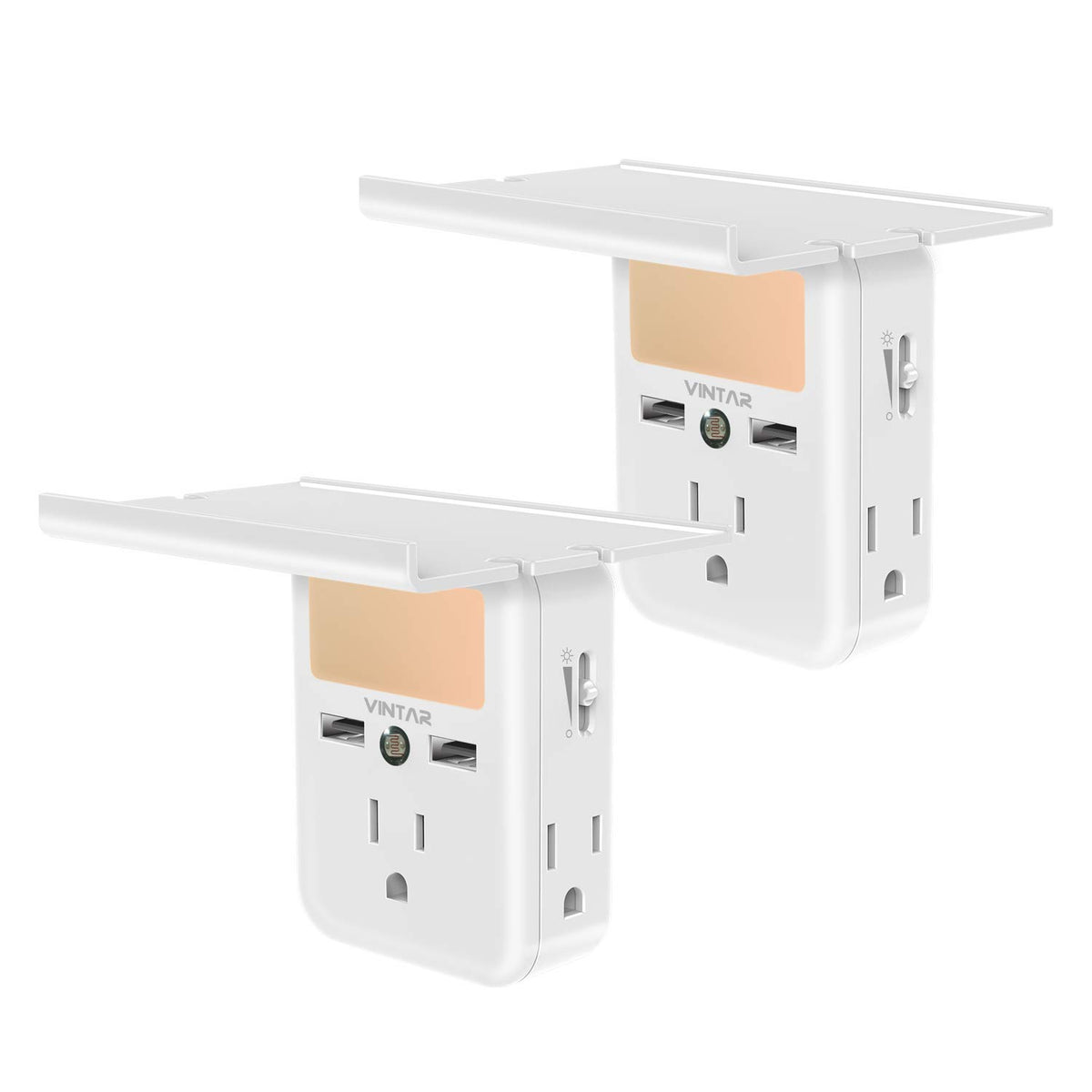 2 Pack Vintar Socket Outlet Shelf Wall Outlet Extender With Built In Shelf, Multi Plug Outlet With Adjustable Night Light,3 Powe