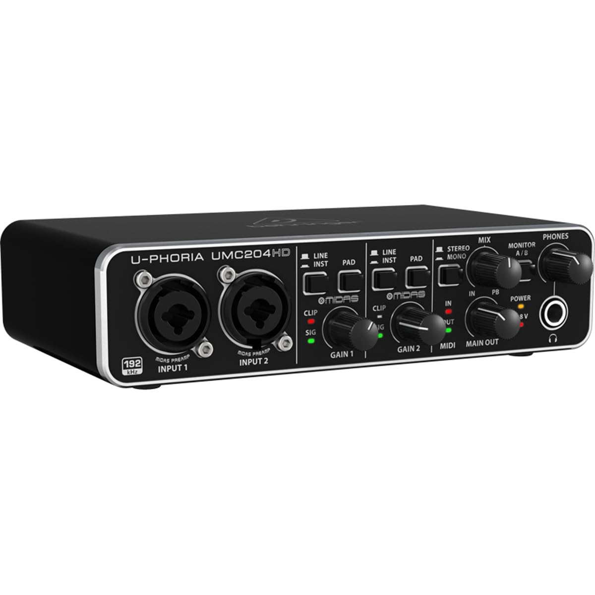 Behringer U Phoria Umc204Hd Audiophile 2X4 Usb Audio/Midi Interface With Midas Mic Preamplifiers, 24 Bit/192Khz Resolution