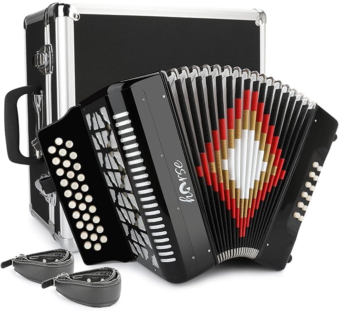 Horse 31 Key Accordion,12 Bass 3-Row G/C/F Diatonic Accordions Instruments for Adults with Thicked Suitcase and Straps, 31 Keys 
