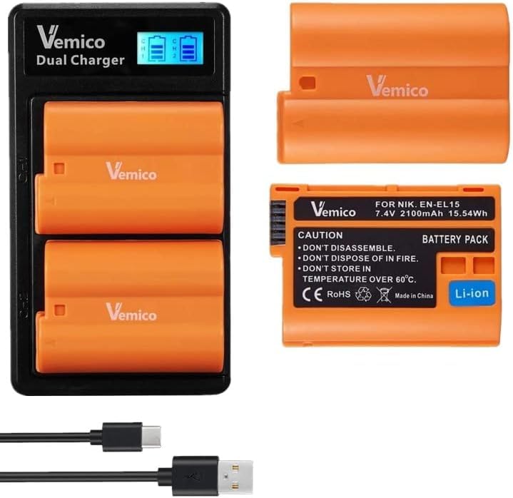 Vemico En El15 En El15A/El15B/El15C Battery Charger Kit 2X2100Mah Replacement Batteries With Dual Slot Lcd Charger For D810 D750