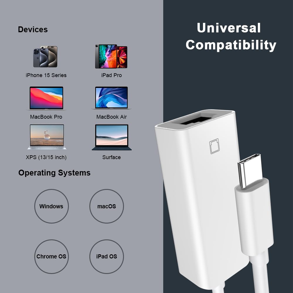 DESOFICON USB C to Ethernet Adapter RJ45 100Mbps Network White