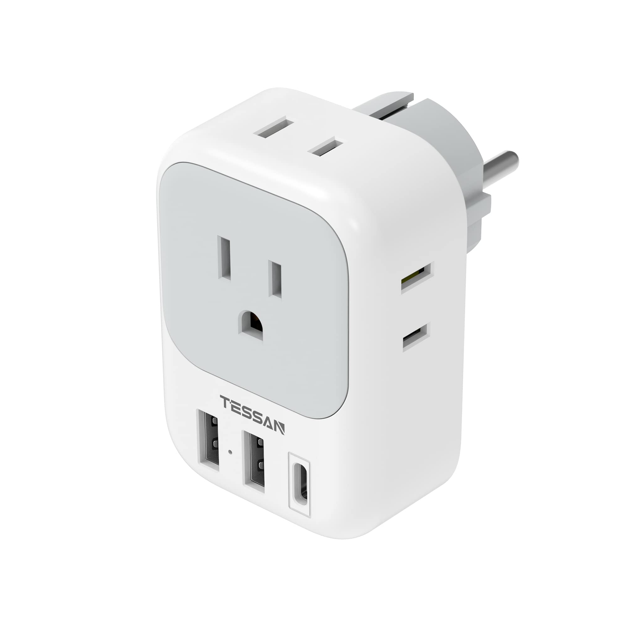 Tessan Type E F Plug Adapter, Germany France Power Adapter With 3 Usb Ports(1 Usb C), 4 Ac Outlets Travel Adaptor For Us To Euro