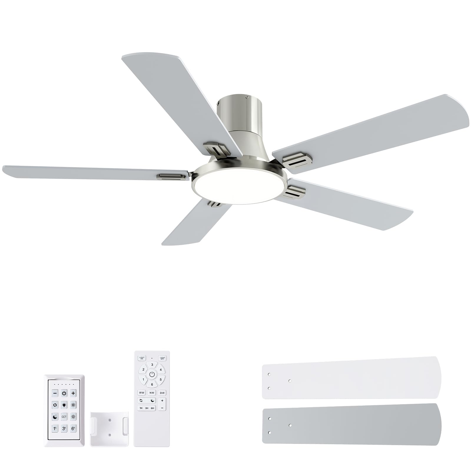 SNJ 52 Inch Brushed Nickel Ceiling Fans with Lights and Remote,Flush Mount Low Profile 5 Blades Ceiling Fan,Dimmable Quiet Rever