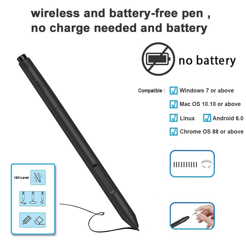 Ugee Graphics Drawing Tablet, M808 10X6.25 Inch Ultra Thin With 8 Customized Shortcut Keys, New Gen Battery Free Stylus Of 16K L