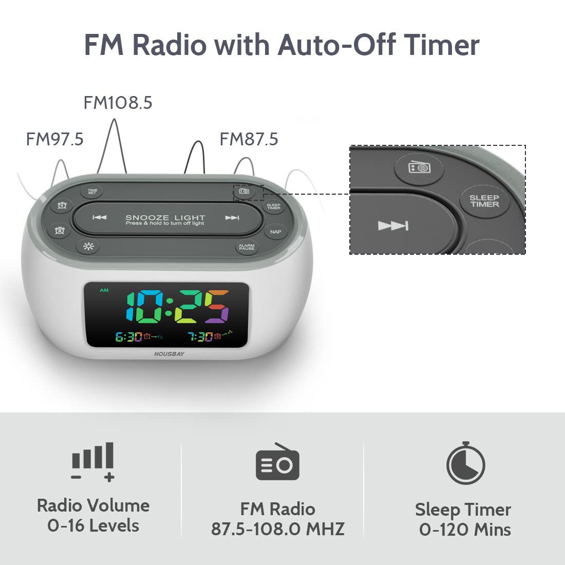 Housbay Glow Small Colorful Alarm Clock Radio With Rainbow Digit, 7 Color Night Light With On/Off Options, Dual Alarm, Dimmer, F