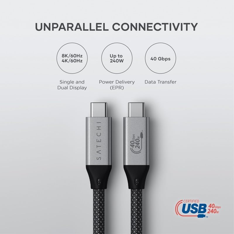 Satechi Usb C To Usb C 4.0 Pro Cable, Usb If Certified, 240W Power Delivery, 8K Resolution @ 60Hz, 4K @ 120Hz Single/Dual Display, 40Gbps Data Transfer, Downward Compatible To 2.0 Usb C (4 Ft/1.2M)