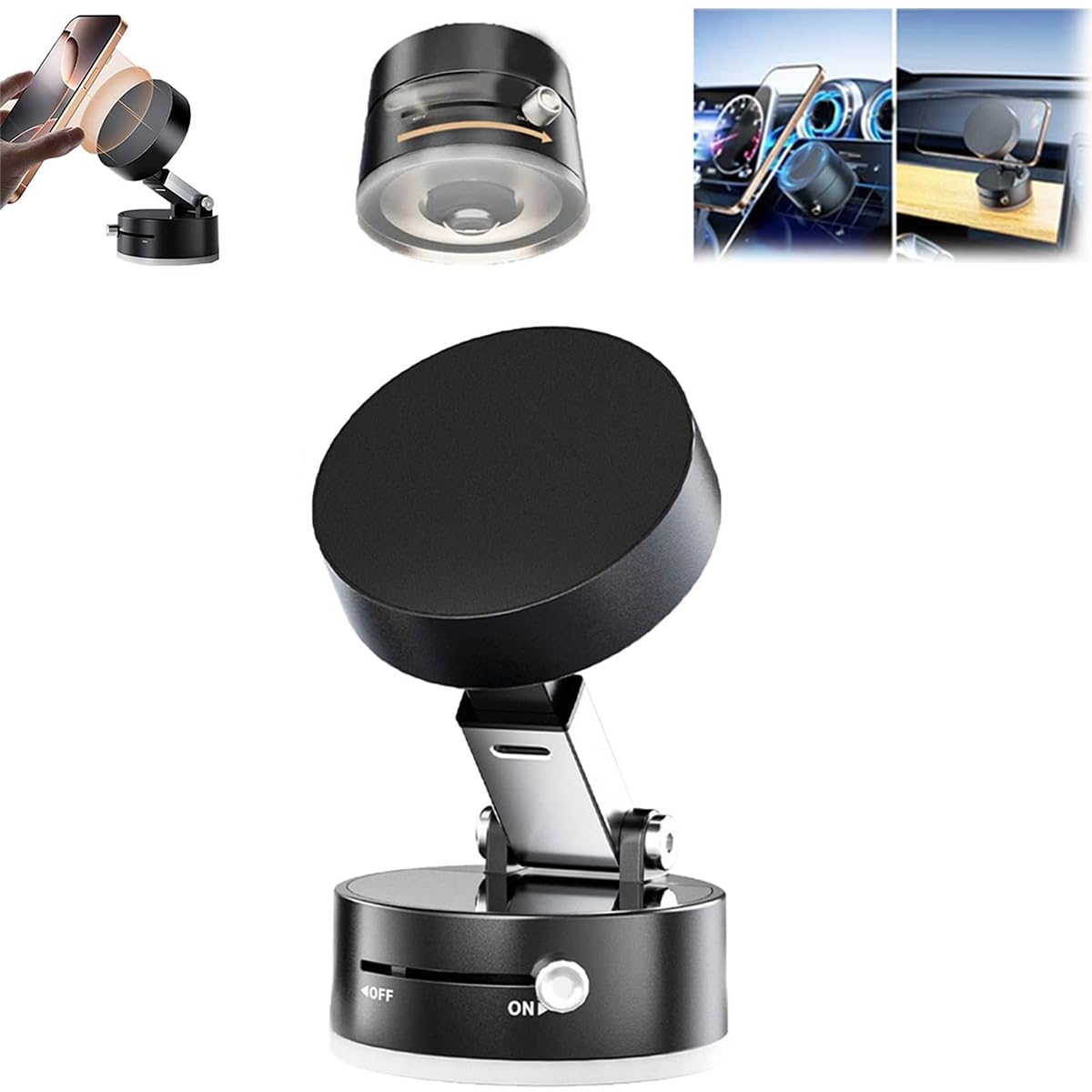 Oudvaker Foldable Magnetic Vacuum Phone Holder, 360 Electric Suction Car Mount, Double-Sided Swivel Stand For Car, Mirror, Gym, 