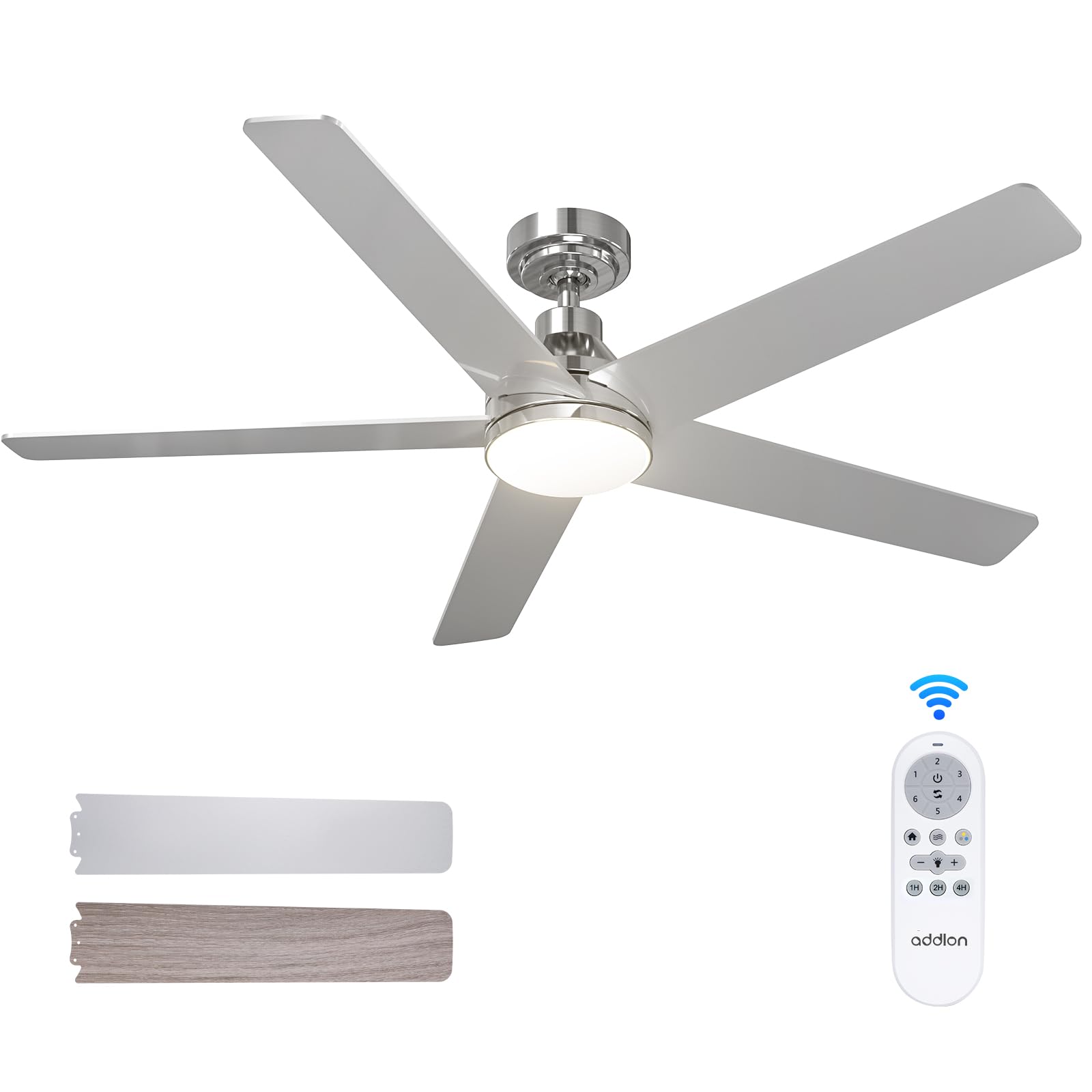 Addlon Ceiling Fans With Lights, 52 Inch Ceiling Fan With Light And Remote Control, Reversible, 3Cct, Dimmable, Noiseless, Nicke