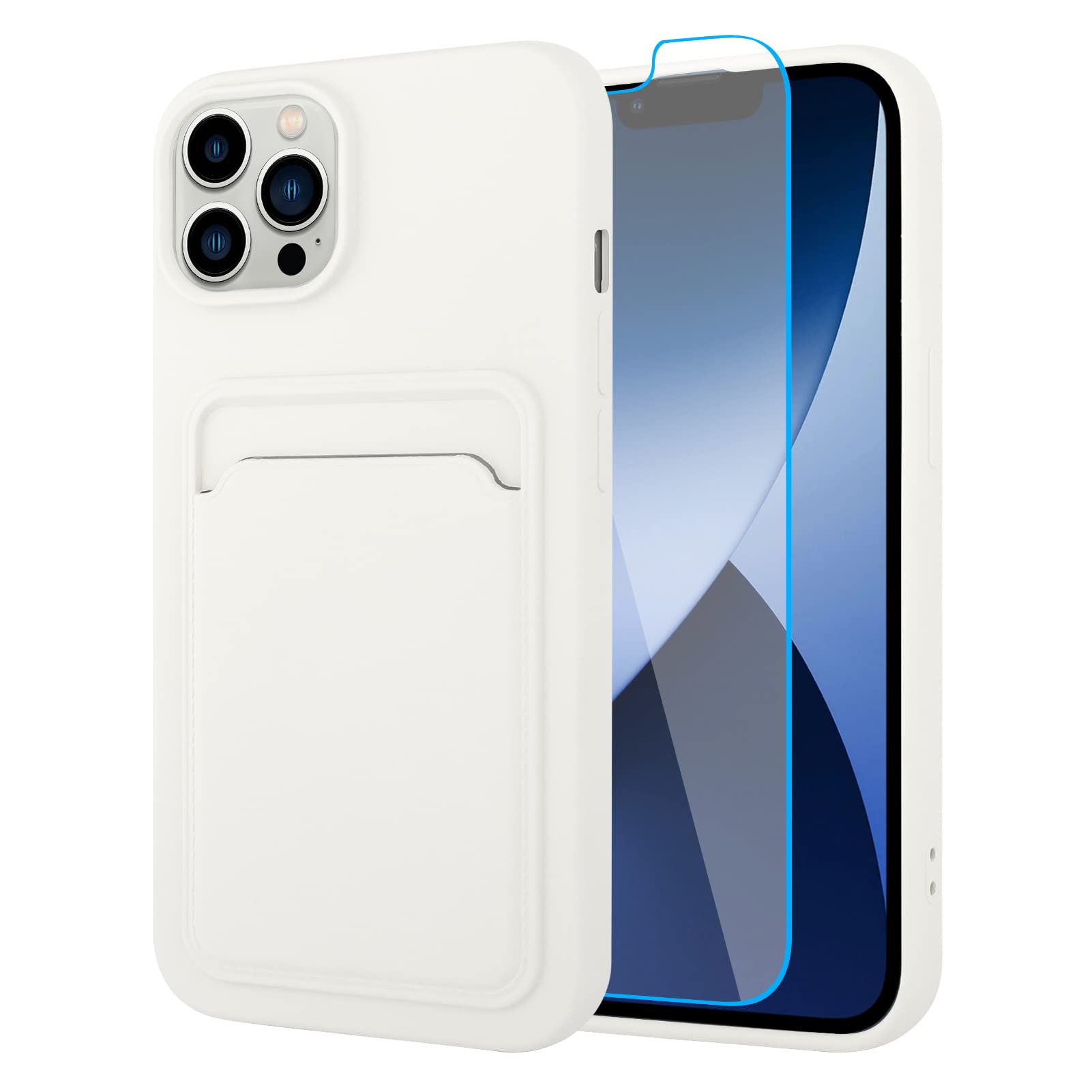 Mzelq Silicone Wallet Case For Iphone 14 Pro Max, Card Holder, Camera Protection, Screen Protector, White