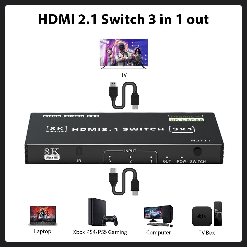 Hdmi 2.1 Switch 3 In 1 Out, Lukforcab 3 Ports Hdmi 2.1 Switch 4K 120Hz With Remote Control, 8K 60Hz, Hdcp 2.3, Hdr10,Cec, Auto S