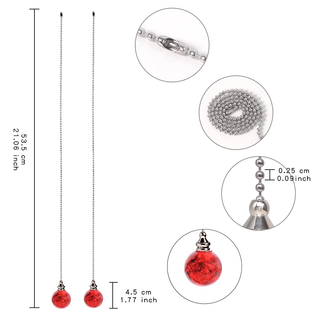 2Pcs Red Pull Chain Crystal Glass Ice Cracked Ball Pull Chain For Ceiling Fan Light Decoration 50Cm Extension Chain