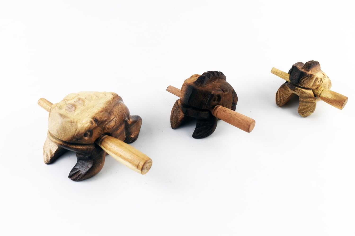Guiros Percussion Instruments Wooden Frog 3 Piece Set Of 4 Inch, 3 Inch, 2.75 Inch, Wooden Frog Musical Instrument (Dark Brown C