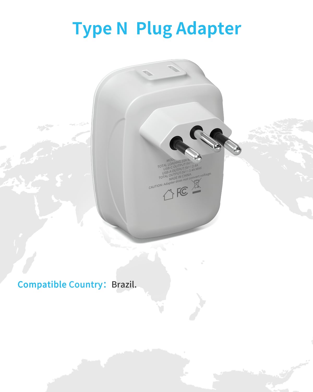 Brazil Adapter Plug,Vintar Type N Plug Adapter With 1 Usb C,3 Usb Ports And 2 American Outlets,6 In 1 Brazil Power Adapter For U