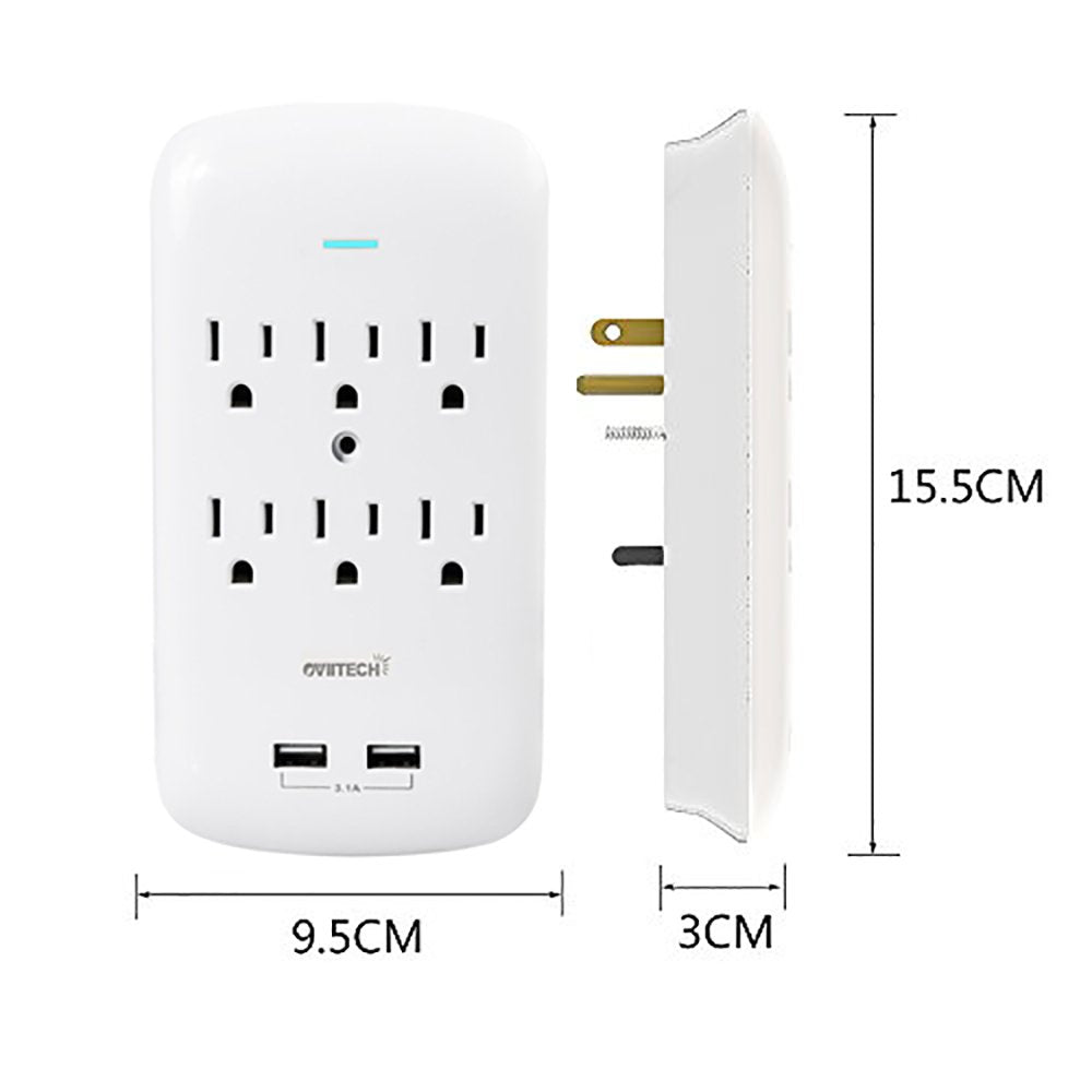 Oviitech 6 Outlet Surge Protector,900 Joules Wall Adapter Tap With 2 Usb Charger, Dual 3.1A Usb Ports, 3 Prong Wall Mount Outlet Plugs,Etl Listed,White